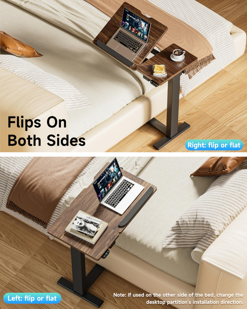 Small Electric Standing Desk, Overbed Table Wireless Tilt Top with Hidden Wheels, 27.6×15.8 Inch Adjustable Rolling