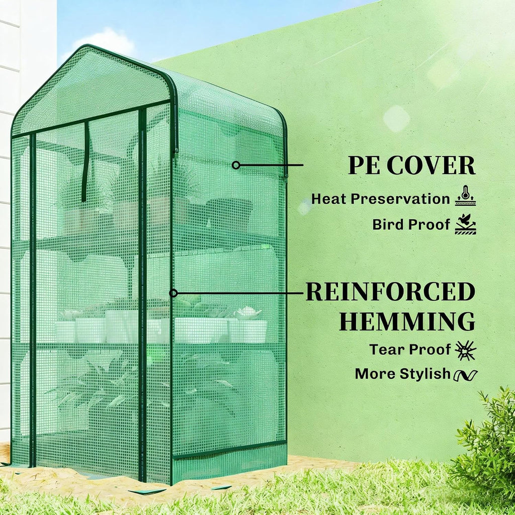 Small Mini Greenhouse with Three-Tier Shelves and Double-Layer Roof | Double-layer roof with zippered door for