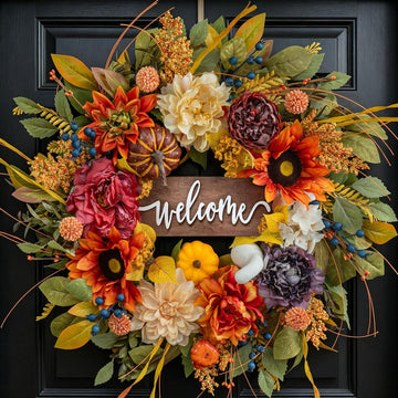 Artificial Harvest Fall Wreaths for Front Door 24 Inch Autumn Wreath