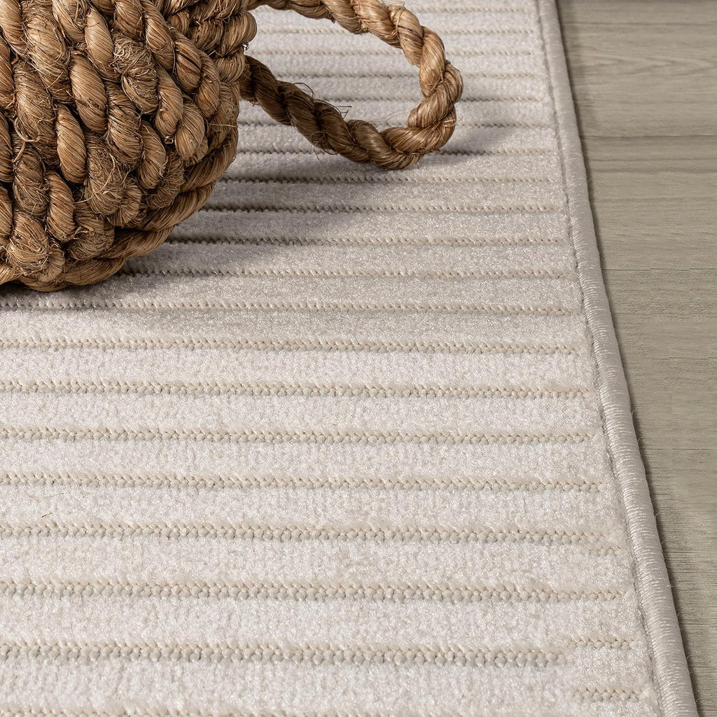 Aarhus High-Low Striped Ivory/Cream Indoor/Outdoor Area Rug 8x10, Minimalist Geometric, Classic, Farmhouse, Cottage