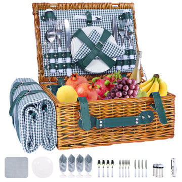 Wicker Picnic Basket Set for 4, Blanket, Cooler Bag, Cottage Plaid