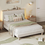 Queen Bed Frame with Adjustable Headboard & LEDLighting, Corduroy Upholstered Platform Bed Frame withStorage Shelf