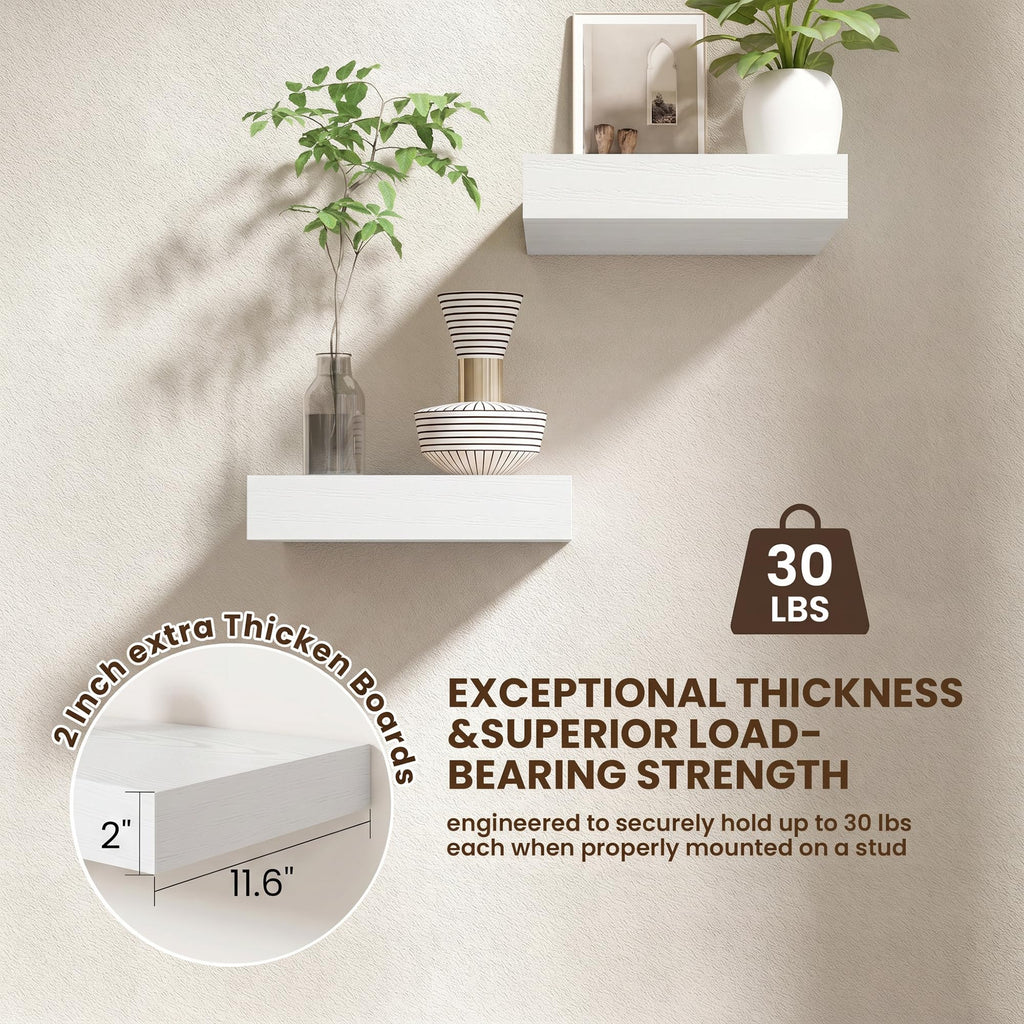 12 Inch Deep Floating Shelves, 12'' x 12'' White Shelves Set of 2