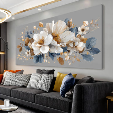 White Flower Gold Leaf Flower Canvas Wall Art Decor 20×40