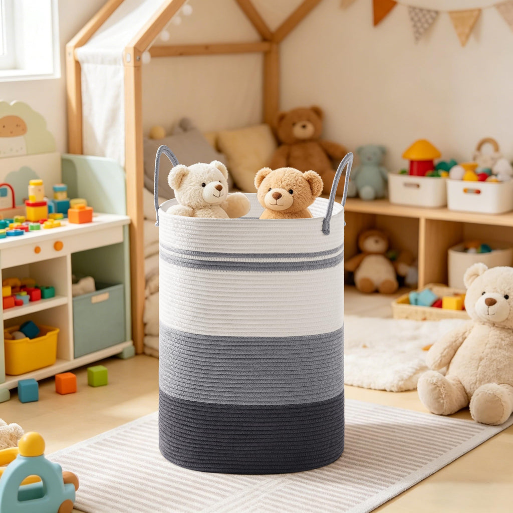 58L Tall Cotton Rope Laundry Basket with Handles, Grey Striped