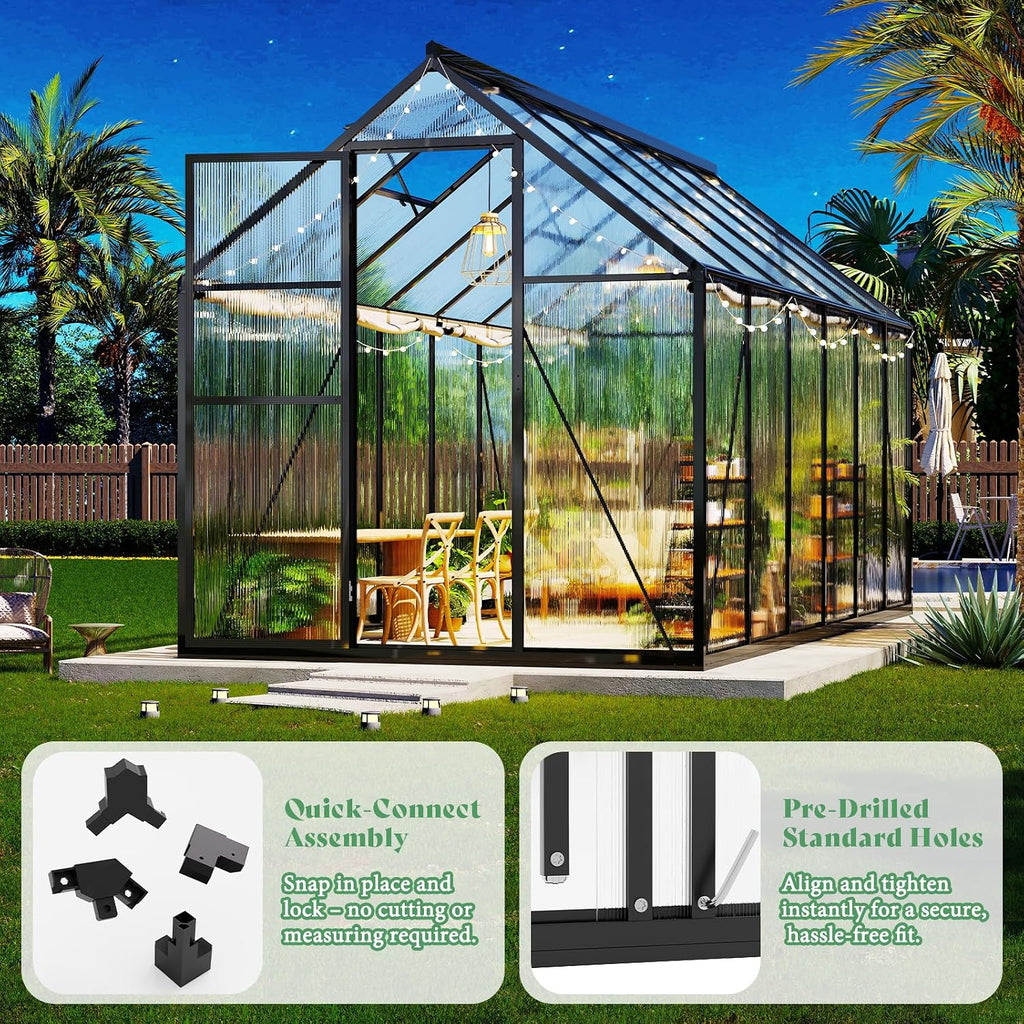 6x12 Ft Polycarbonate Greenhouse for Outdoors, Walk-in Design with Aluminum Frame, 2 Windows and Swing Door