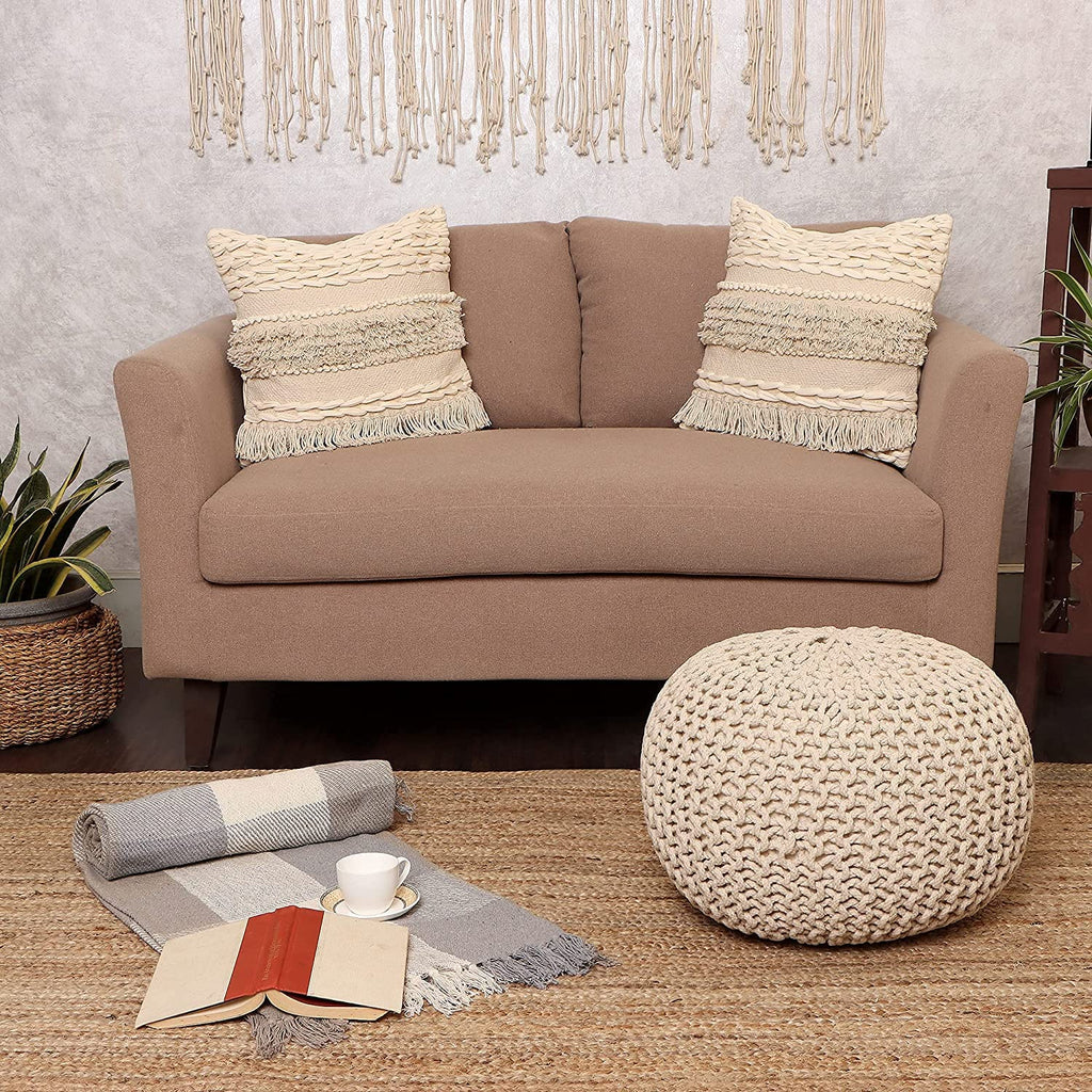 Round Pouf Ottoman - Hand Knitted Boho Poof Footrest - Ivory