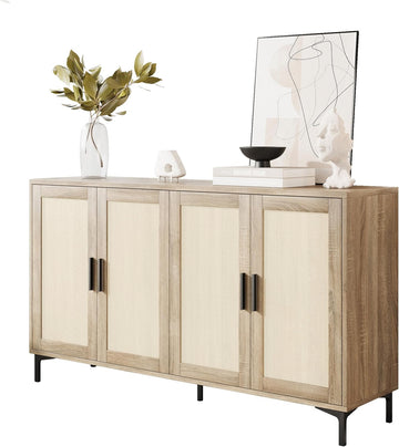 Buffet Cabinet with Storage, 48" Rattan Coffee Bar Cabinet Station | Accent Sideboard with Adjustable Shelves