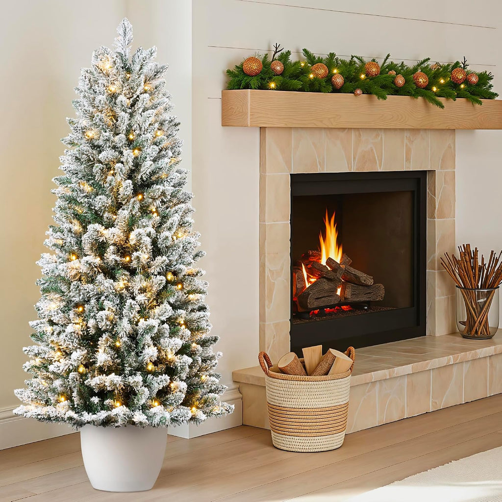 Prelit Potted Flocked Pencil Christmas Tree, 4.5Ft Artificial Lighted Holiday Décor, 175 Twinkling LEDs , Front Porch
