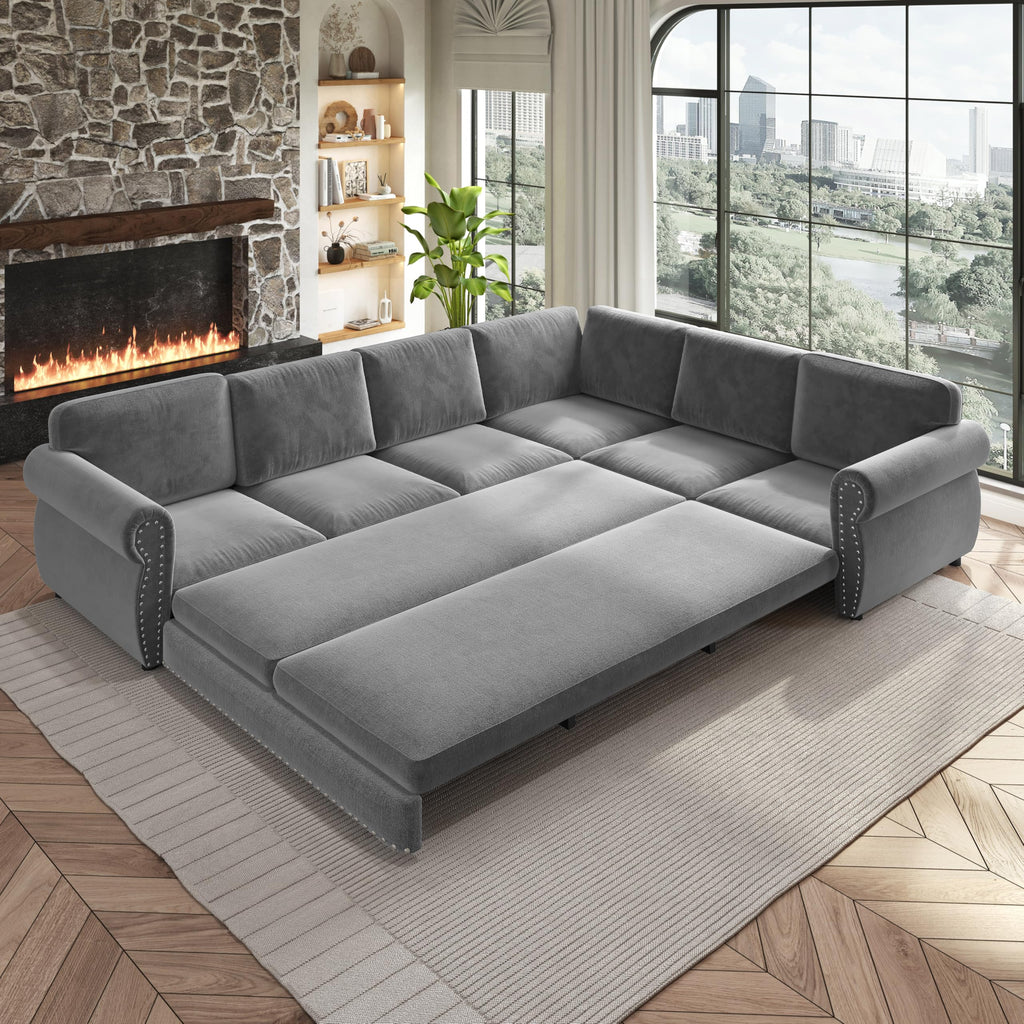L-Shaped 6-Seat Sleeper Sectional Sofa Bed, Chenille Pull Out Couch