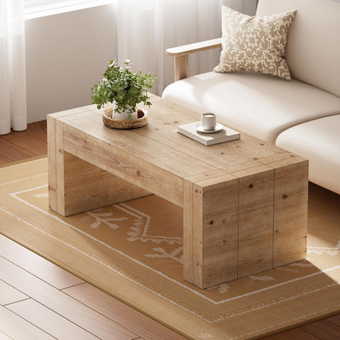 Modern Rustic Wood Coffee Table with Thick Legs, Rectangular Living Room Center Table, Natural Finish Design