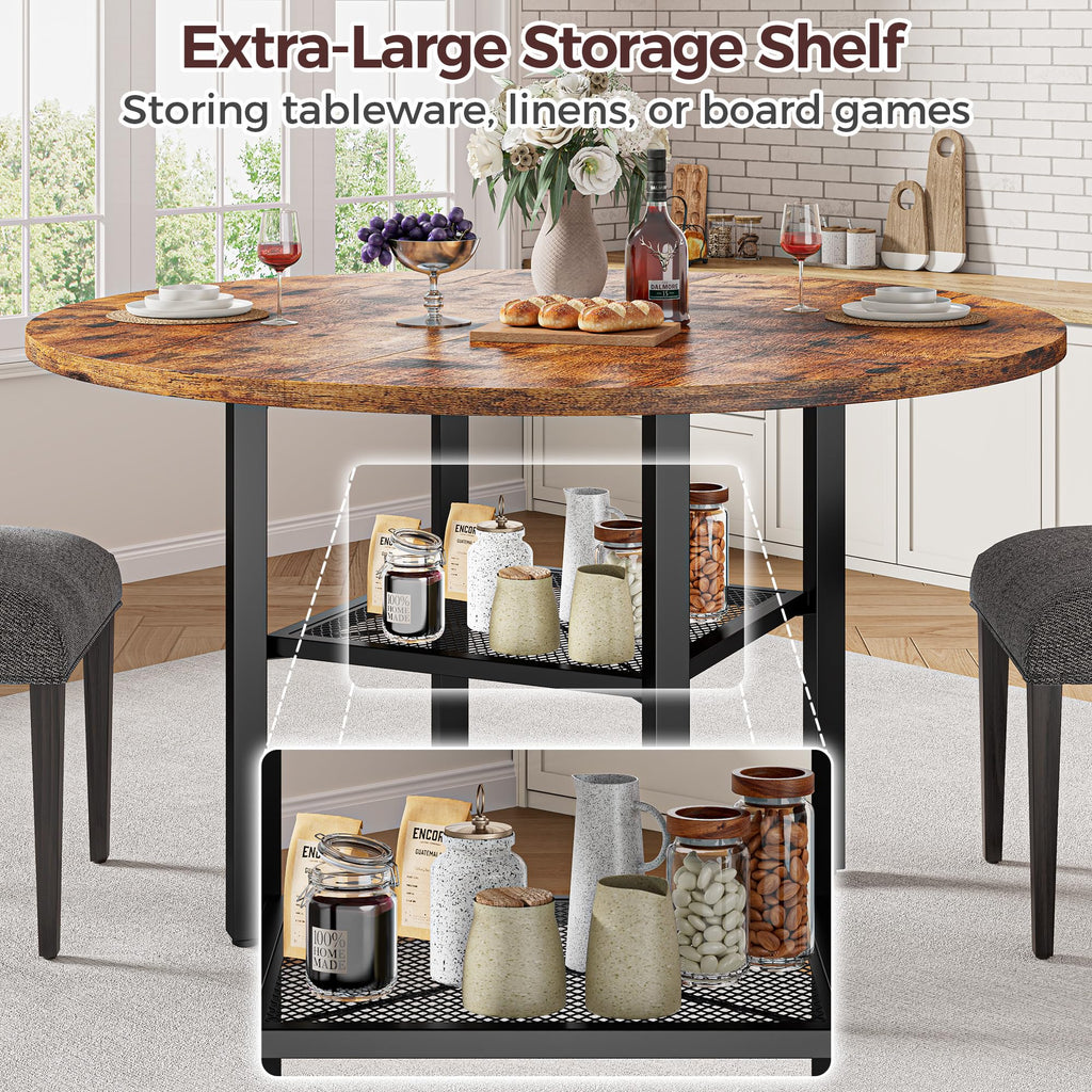 Round Dining Table Set for 6, Rustic Brown