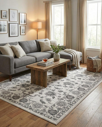 Boston Rug - 9' 10 x 14' 1 White Gray Easy-Clean Rug - Floral Botanical Motif