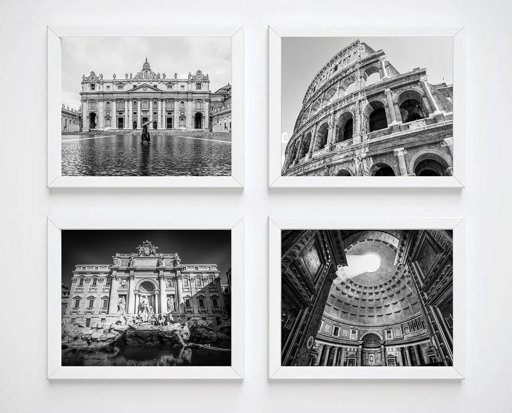 Black and White Rome Italy Photography Prints, Set of 4, UNFRAMED, St. Peters Basilica, Colosseum, Trevi Fountain
