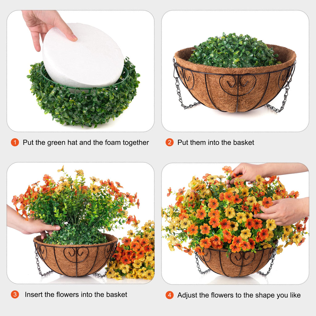 Artificial Fake Hanging Mums Plants Flowers Basket for Fall Autumn Outdoor Decor, Faux Silk Orange Dasiy Flower Look