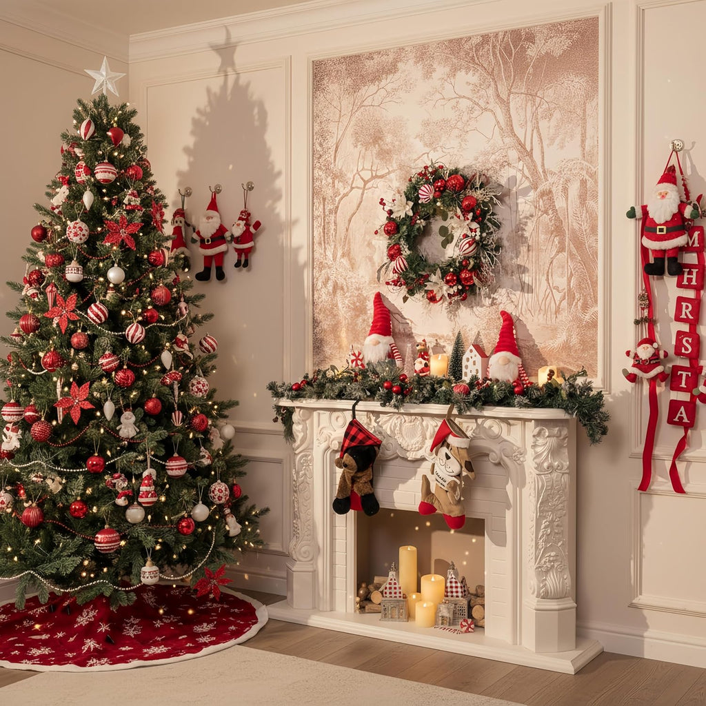 24'' Pre-Lit Christmas Wreath for Front Door with Light, Collapsible Lighted Outdoor Christmas Wreath with Red White