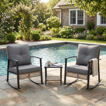 3-Piece Patio Rocking Chairs Set of 2, Rocking Chair Bistro Set [Upgraded 2.0] & 2-Tier Coffee Table, Wicker Rocking