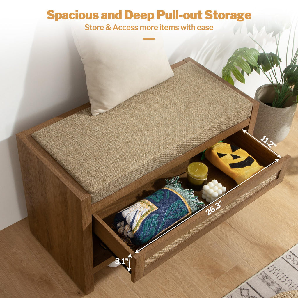 Rattan Shoe Bench Entryway Bench with Storage Drawer, Linen Cushion