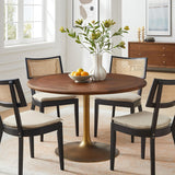 Lippa 48 Inch Round Wood Dining Table with Metal Pedestal in Brass Walnut - Modern Industrial Dining Table for 4
