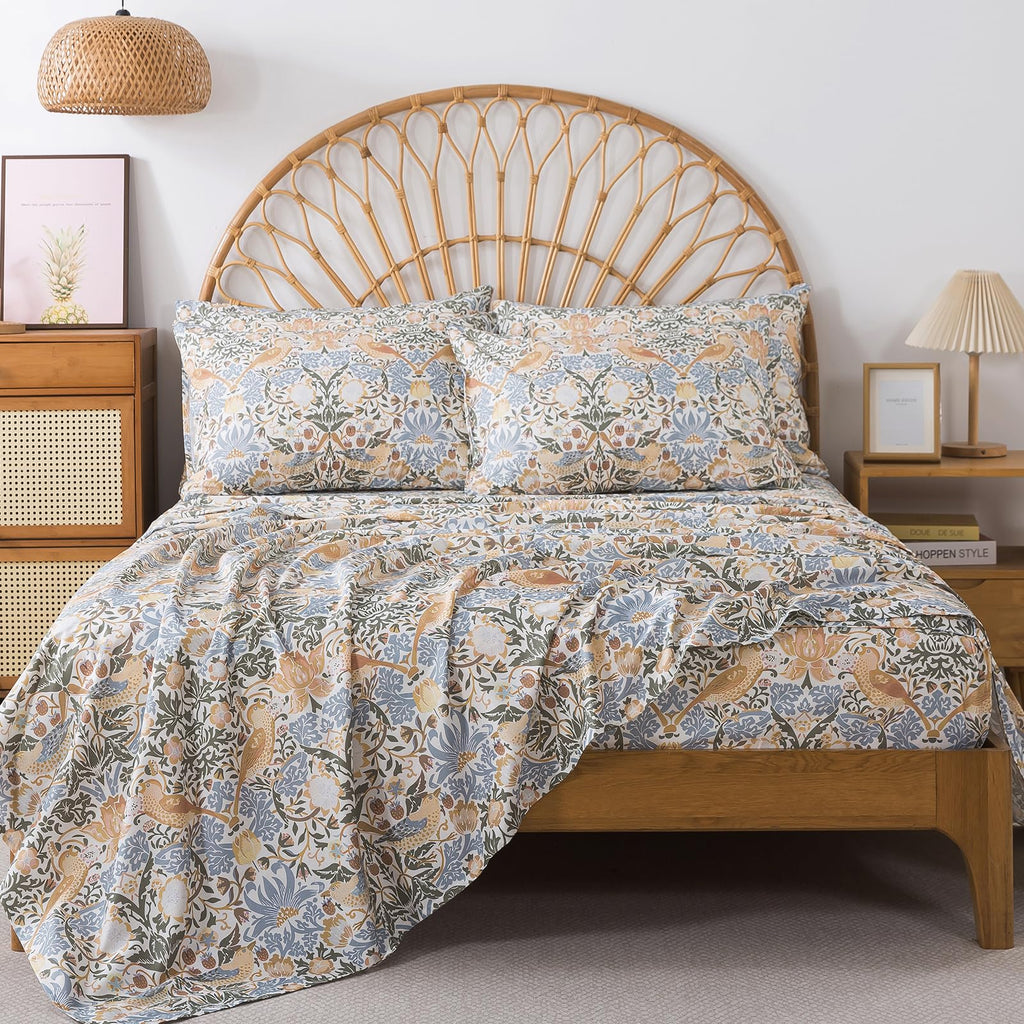 100% Cotton 4-Piece Floral Bed Sheet Set in Blue & Sage Green, Vintage Fall Botanical Bird Bedding