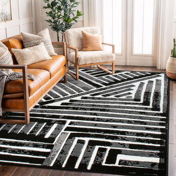 Contemporary Stripe High Traffic Living Room Area Rug Black