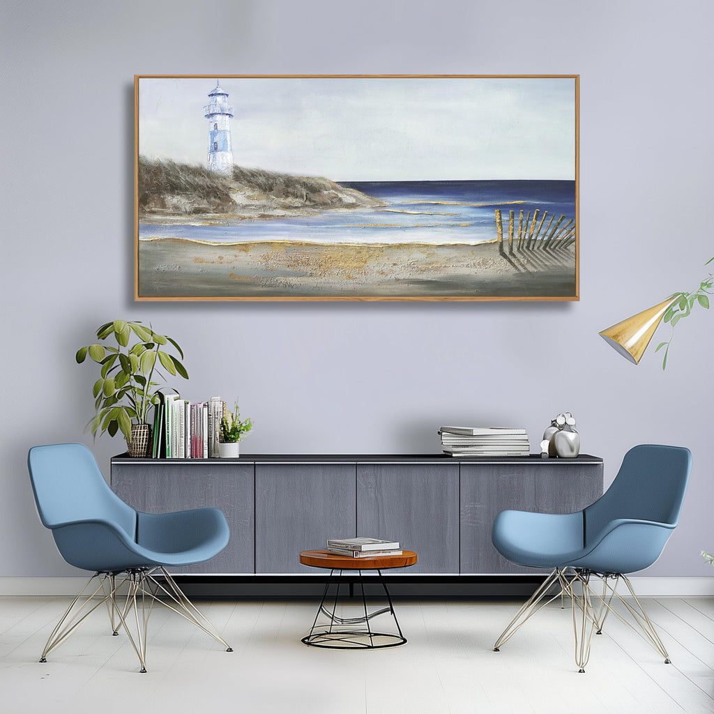 Coastal Wall Art Framed Wall Decor Blue and White Lighthouse Canvas Painting Modern Wall Hanging Artwork Bedroom
