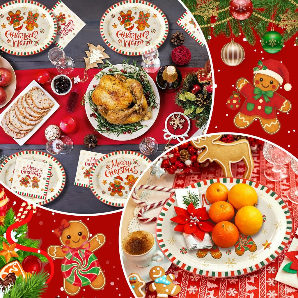 100 Pcs Christmas Plates and Napkins Cute Gingerbread Tableware Set