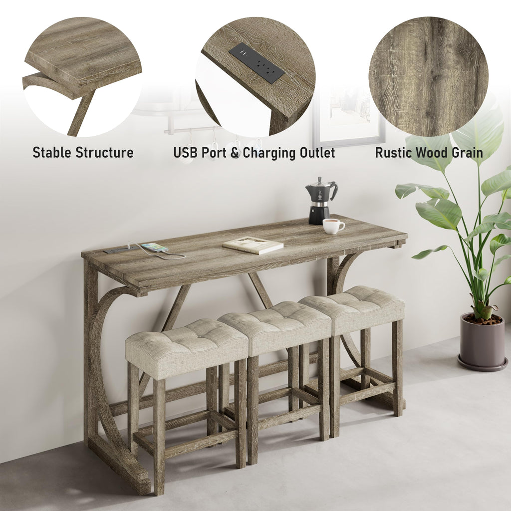 4-Piece Counter High Bar Table Set with Socket and 3 Fabric Padded Bar Stools, Tall Kitchen Breakfast Nook with Stool