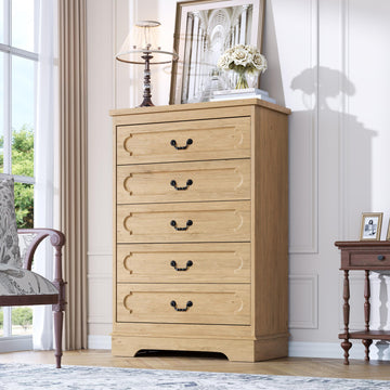 5 Drawer Natural Bedroom 46" Tall Wood Cabinet