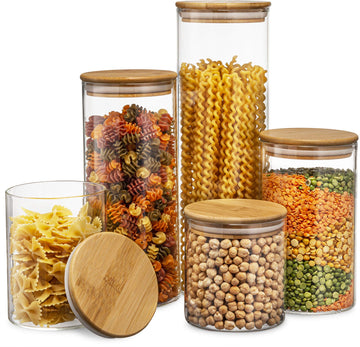 Set of 5 Glass Kitchen Canisters with Airtight Bamboo Lid - Glass Storage Jars for Pantry Organization and Bathroom