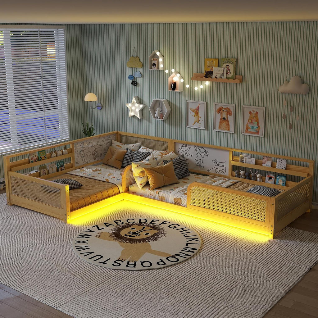 L-Shaped Double Twin Size Pine Wooden Floor Bed Frame with Bookshelves & Whiteboards, for 2, Detachable 2 in 1 Low