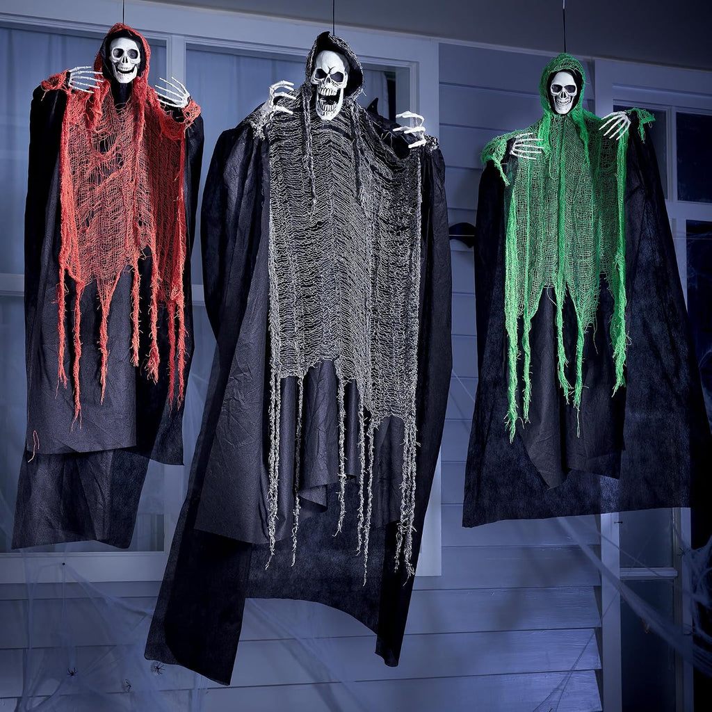Halloween Hanging Grim Reapers, one 63" Two 47" Grim Reapers, Halloween Skeleton Outdoor Decoration Flying - Set of 3
