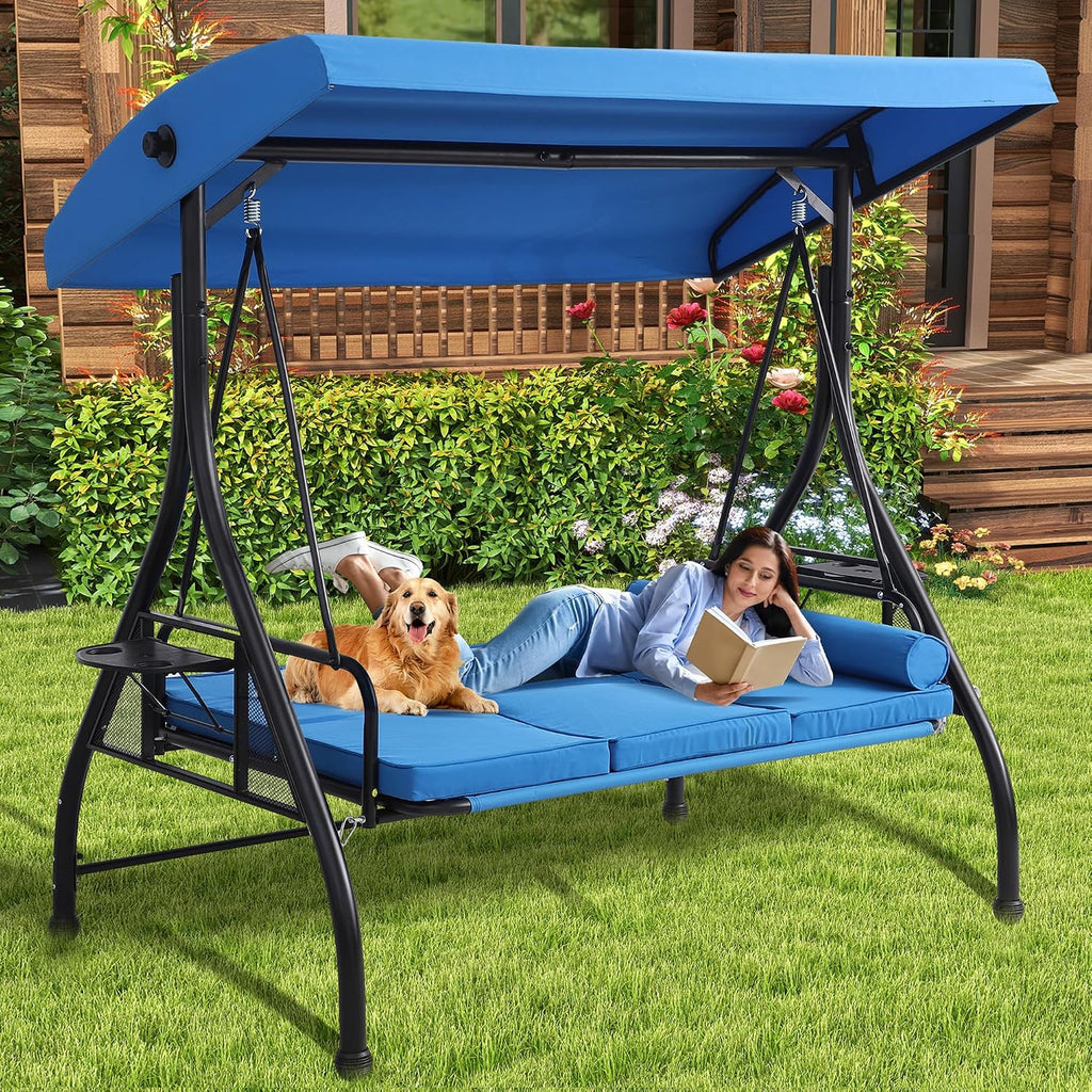 3 Seat Outdoor Patio Swing with Stand, 3-in-1 Porch Swing with Adjustable Canopy & Deep Cup Holders, Patio Glider