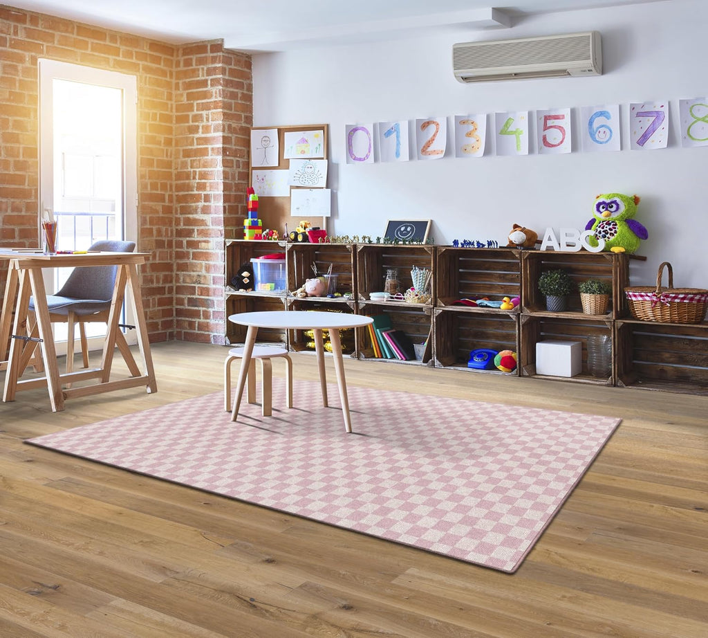 Carpets Pink Checkerboard Educational Area Rug for Kids Room Seating Décor, Children's Classroom, Play Carpet for
