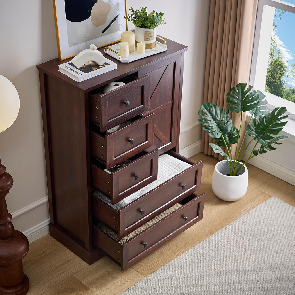 Dresser , Farmhouse Dresser with 5 Wooden Drawers and Storage Cabinet, 48 Inches Tall Chest of Drawers , Dark Cherry