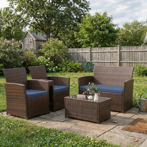 FHFO 4 Piece Outdoor Patio Furniture Sets, Patio Sectional Furniture Conversation Sofa Set