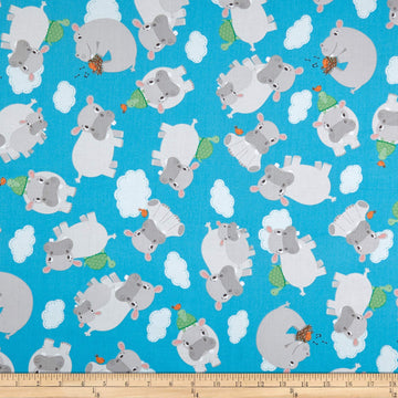 Hippo Tossed Hippos Blue, Fabric by the Yard