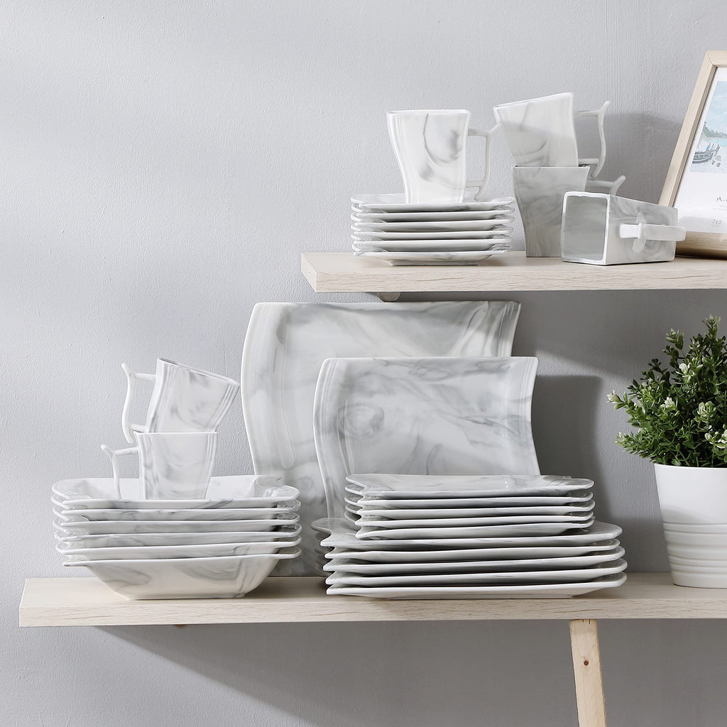 Plates and Bowls Sets, 30 Piece Porcelain Dinnerware Sets for 6, Square Dinnerware Set with Dinner Plate, Dessert