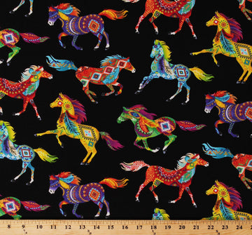 Cotton Southwestern Horses Decorated Horse Aztec Tribal Designs Feathers Bright Multi-Color Animals on Black Cotton