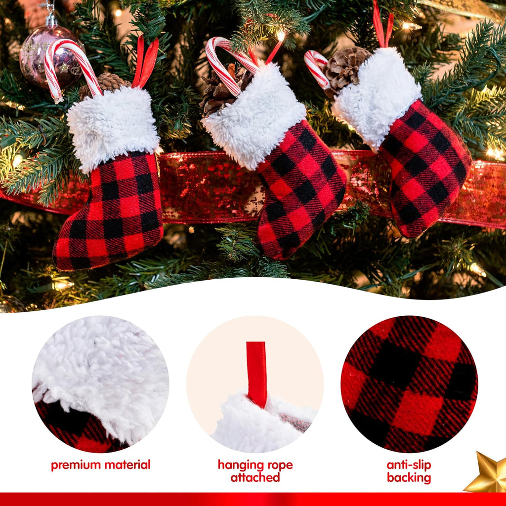 5" Mini ,Red Black Plaid Xmas Stockings Decoration, Party Favors and Holiday Season Supplies - Set of 12