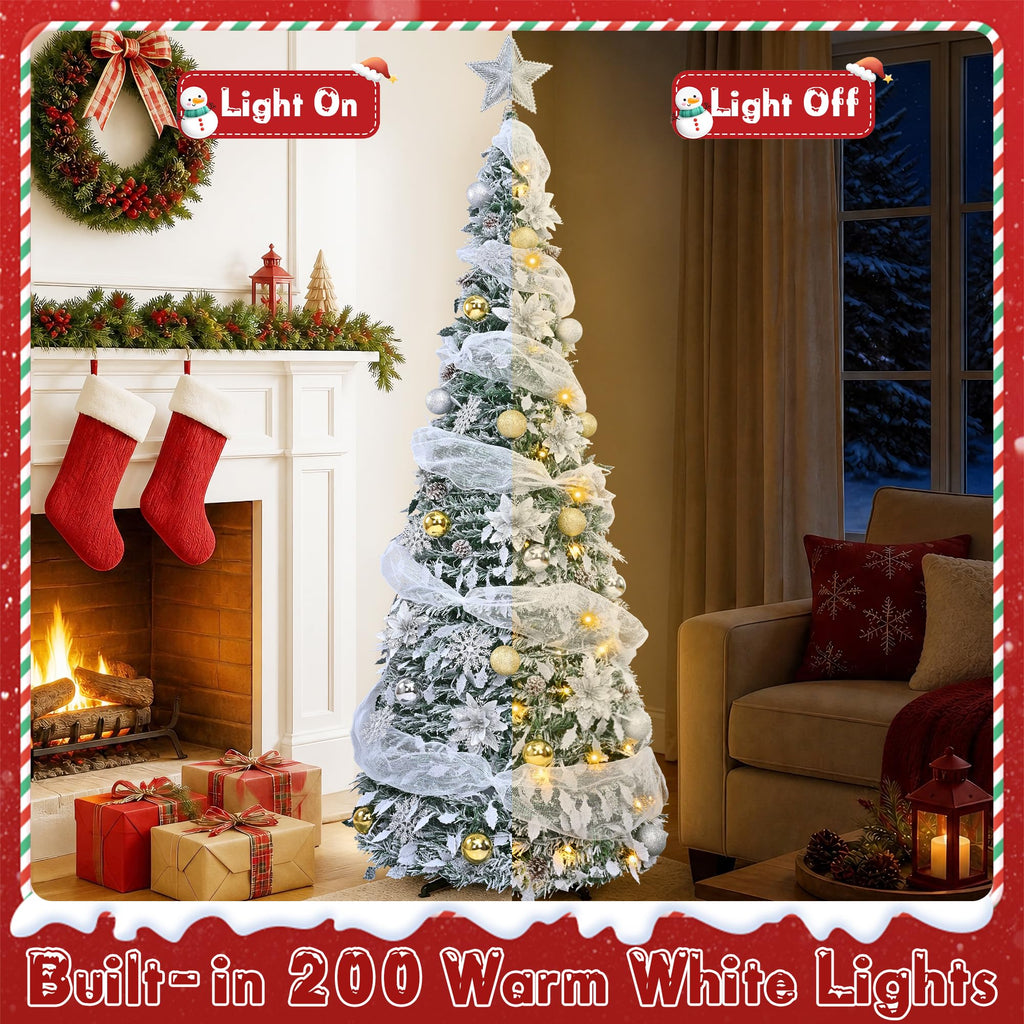 6Ft Pop Up with 200 Lights, Flocked Xmas Tree Prelit