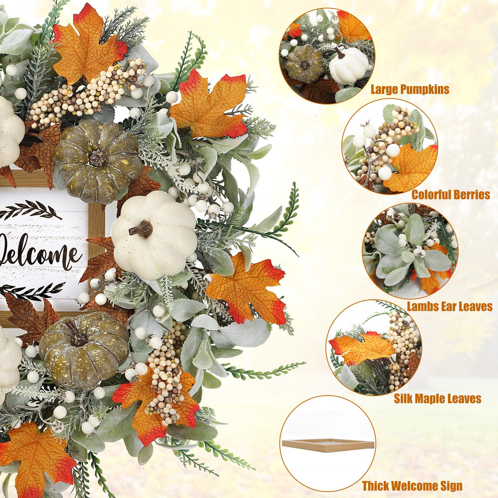 Fall Wreath 23'' for Front Door with Sign for Thanksgiving Autumn