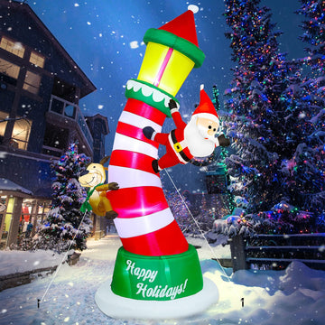 9FT Christmas Inflatable, Giant Lighthouse with Santa & Reindeer