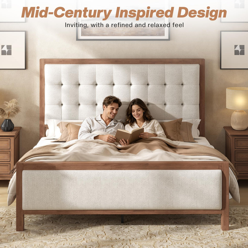 King Solid Wood Bed Frame 50" Tall Headboard&Footboard, Walnut