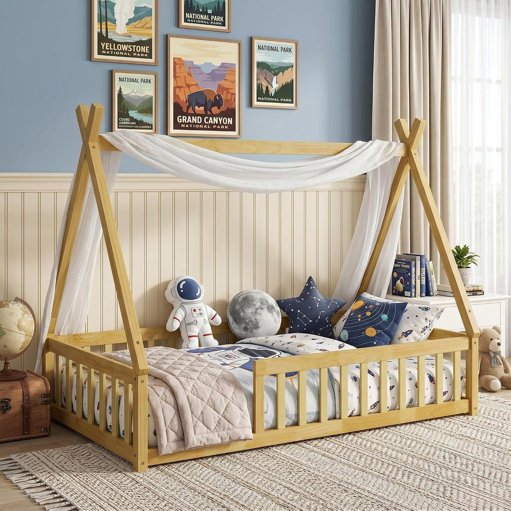 Floor Bed for Kids, Twin Size Teepee Tent Beds, Montessori Floor Bed with Slats and Fence Rails, Wood House Bed Frame