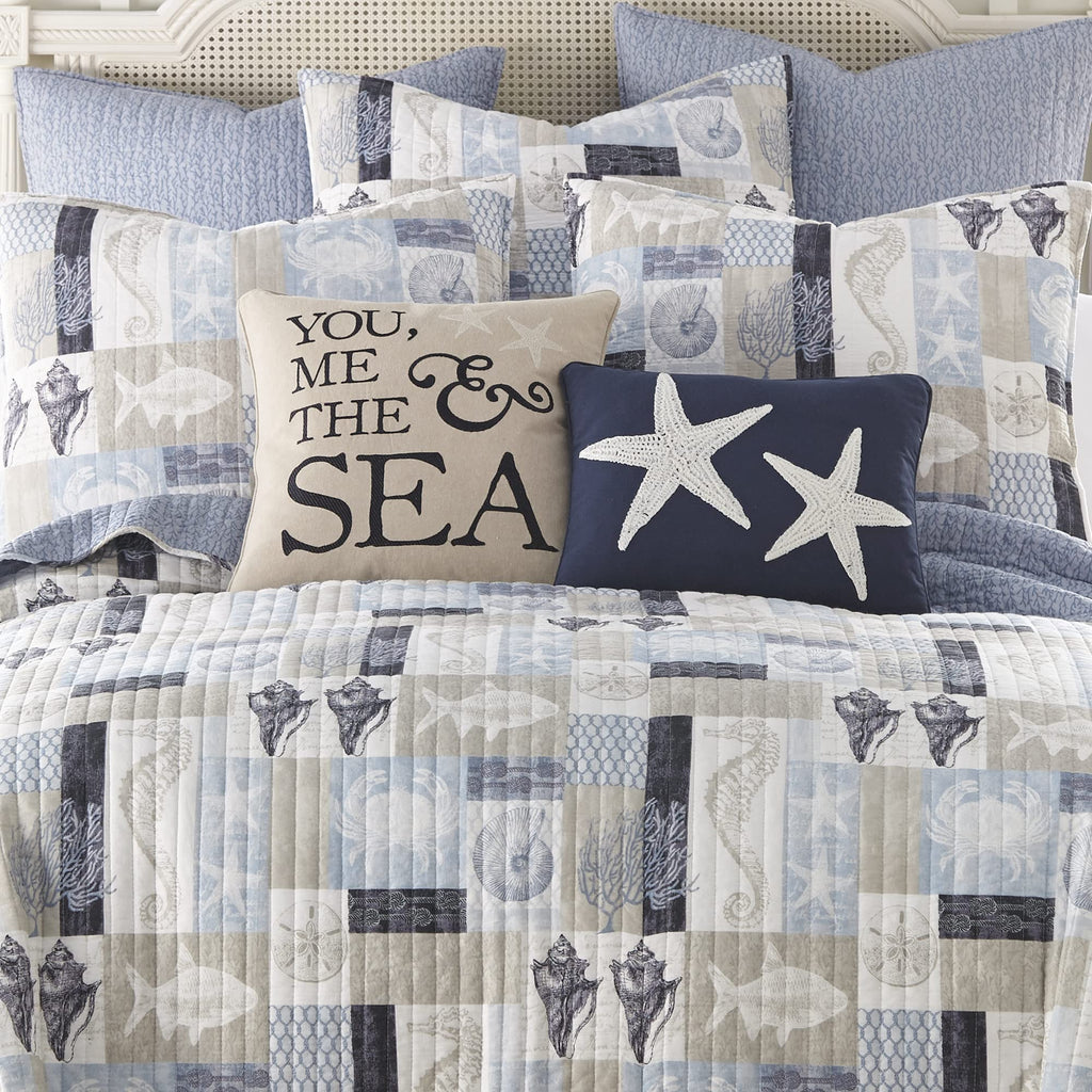 Cerralvo Twin/Twin XL Quilt Set - Coastal Patchwork - Taupe, Cream, Navy, and Blue - Quilt Size 68x86in. and One Sham