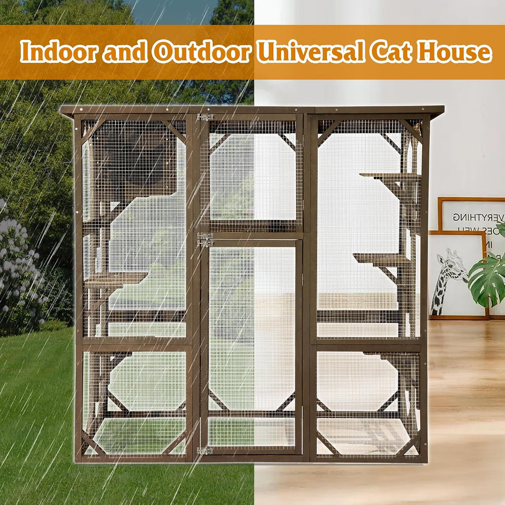 Cat Enclosure Large Outdoor Catio Wooden Cat House with Weatherproof, Cat Cage Condo Indoor Playpen with Platform
