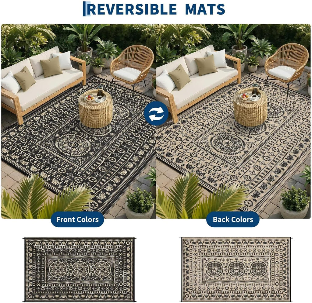 Reversible Outdoor Rug 6x9, Waterproof Outdoor Area Rug, Modern Medallion Indoor Outdoor Rugs, Plastic Straw Rug for