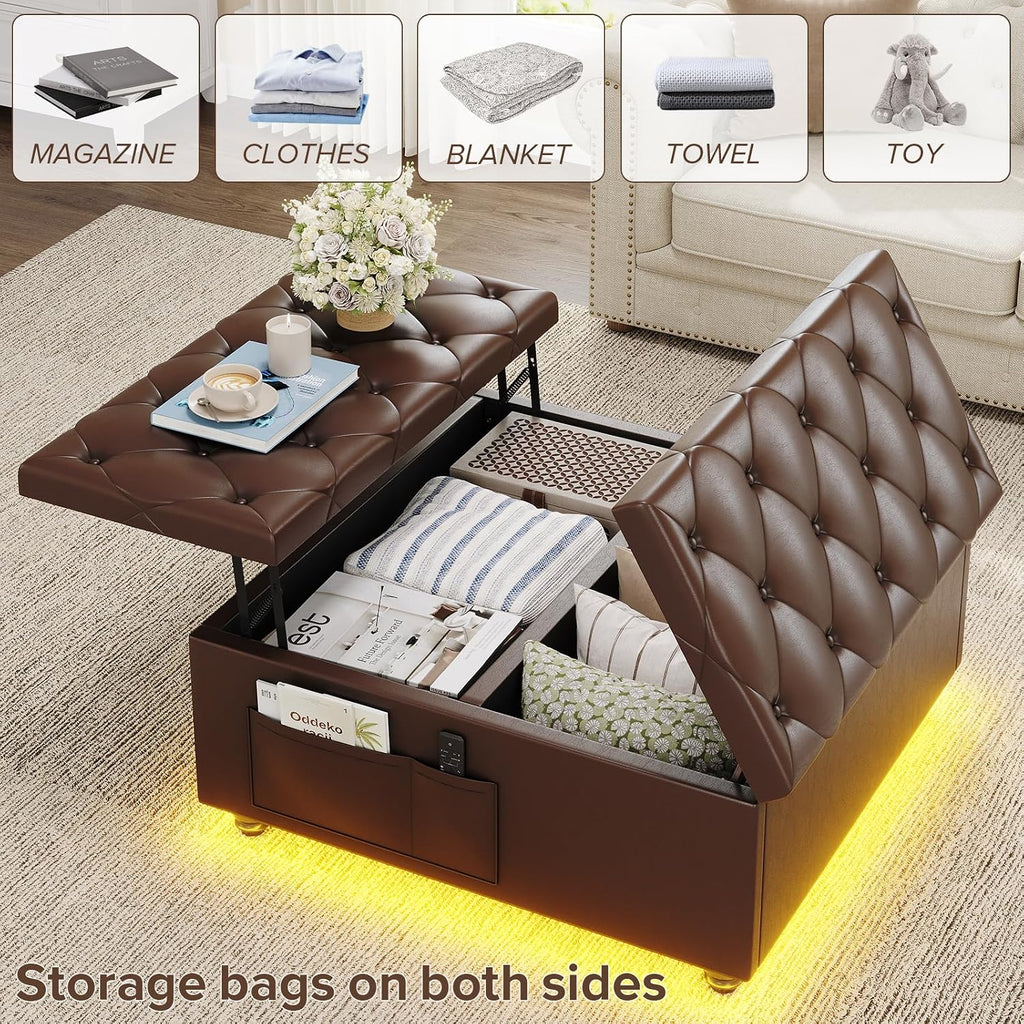 31.5 Inch Large Leather Ottoman with Storage and LED Lights, PU Brown | Lift Top Tufted Upholstered Ottoman Coffee