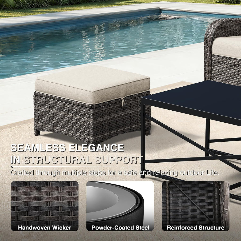 Outdoor Ottoman Set of 2, Patio Large Ottoman Foot Rest with Thickened Cushions, Outdoor Wicker Foot Stool for Porch